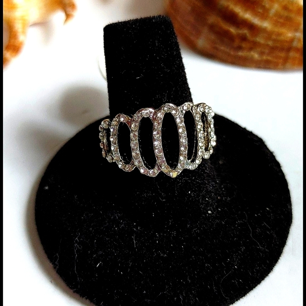 Silver Oval Circles with Crystals Ring